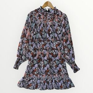 Topshop Black Floral Long-Sleeve Ruffle Dress with Lavender and Rust Accents